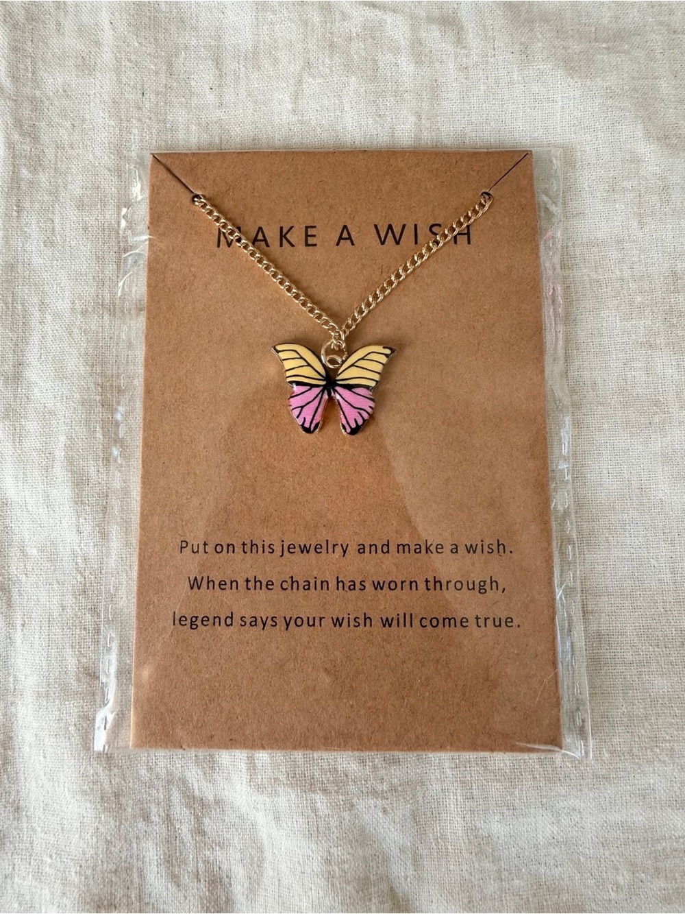 NEW Make A Wish Butterfly Pendant Necklace | Gold Chain | Pink Yellow Enamel